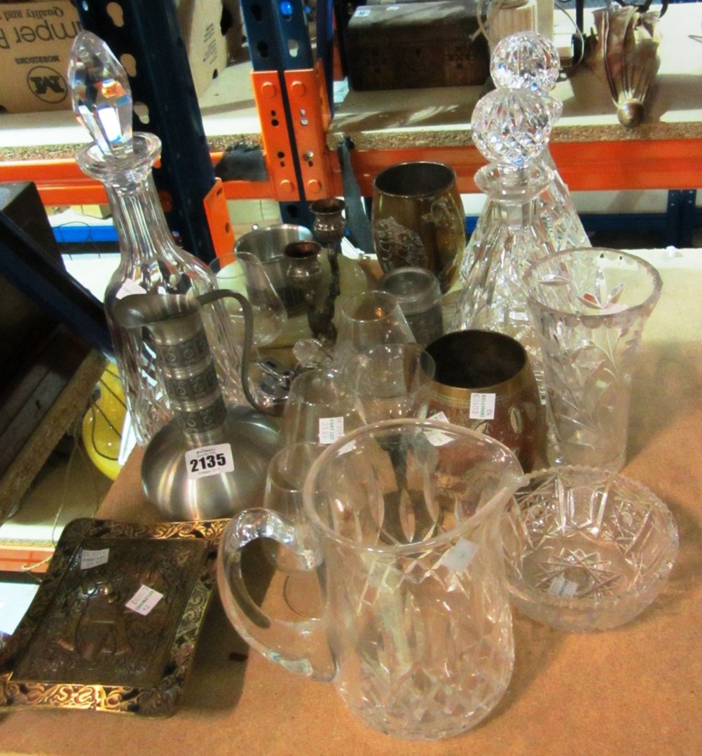 Appraisal: A quantity of collectables including brass mugs glass decanters and