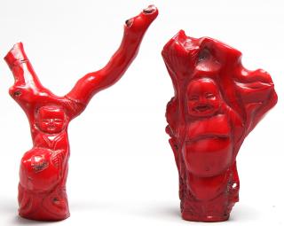 Appraisal: Chinese Faux Coral Carvings One depicting Hotai the other the