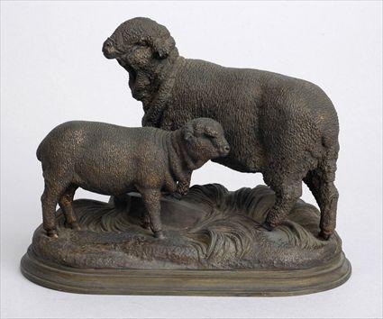 Appraisal: J MOIGNEZ TWO SHEEP Bronze with impressed signature modeled as