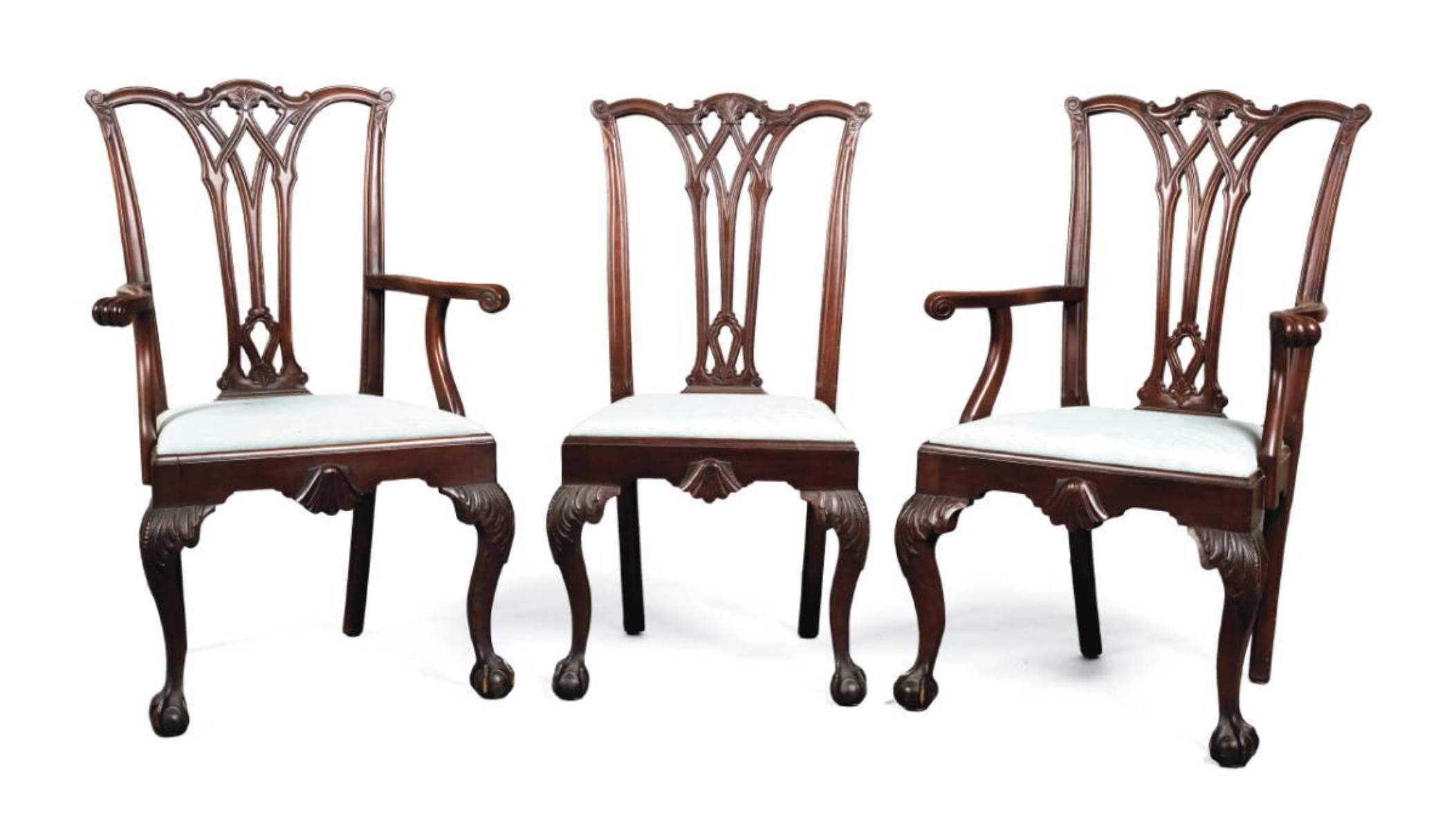 Appraisal: SET OF EIGHT CHIPPENDALE STYLE CARVED MAHOGANY DINING CHAIRS Consisting