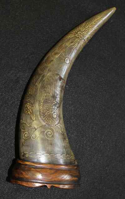 Appraisal: A CARVED AND MOUNTED BUFFALO HORN long