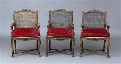 Appraisal: SET OF THREE R GENCE-STYLE CARVED AND PAINTED FAUTEUILS A