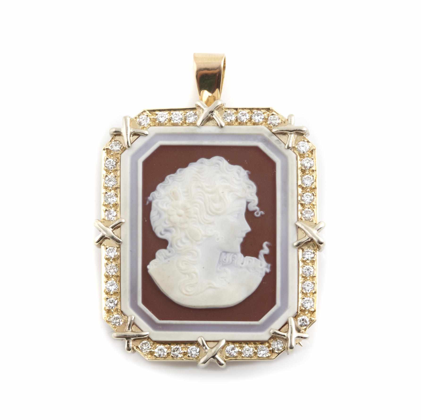 Appraisal: An agate cameo diamond and k gold brooch-pendant estimated total