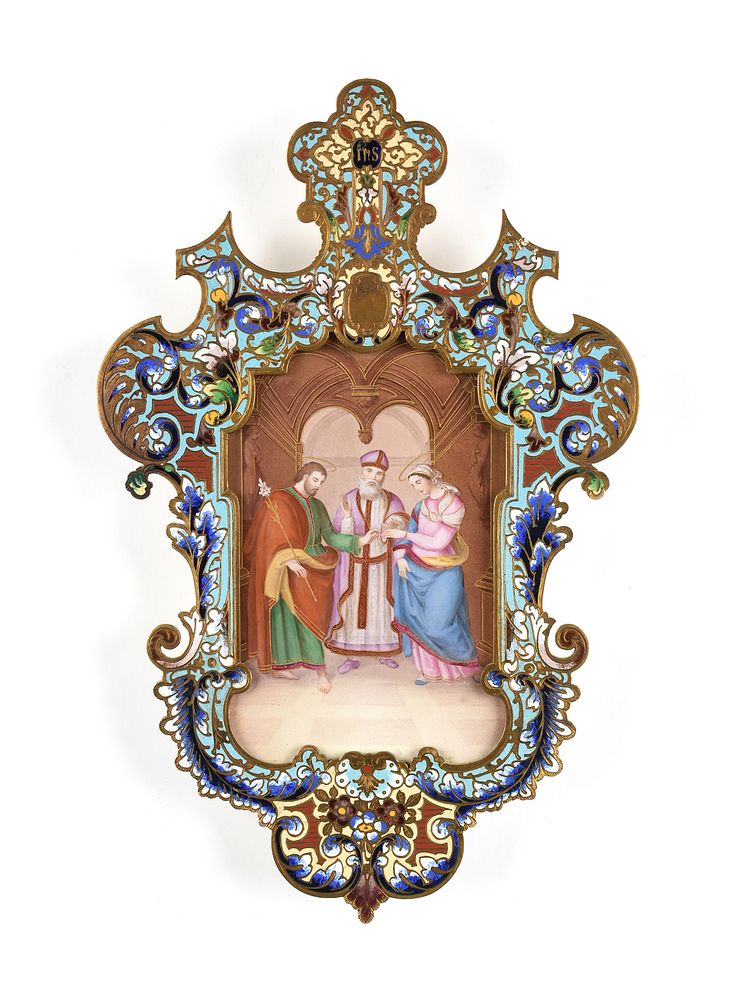 Appraisal: AN FRENCH ENAMELED PORCELAIN PLAQUE IN A BRONZE CHAMPLEV FRAME