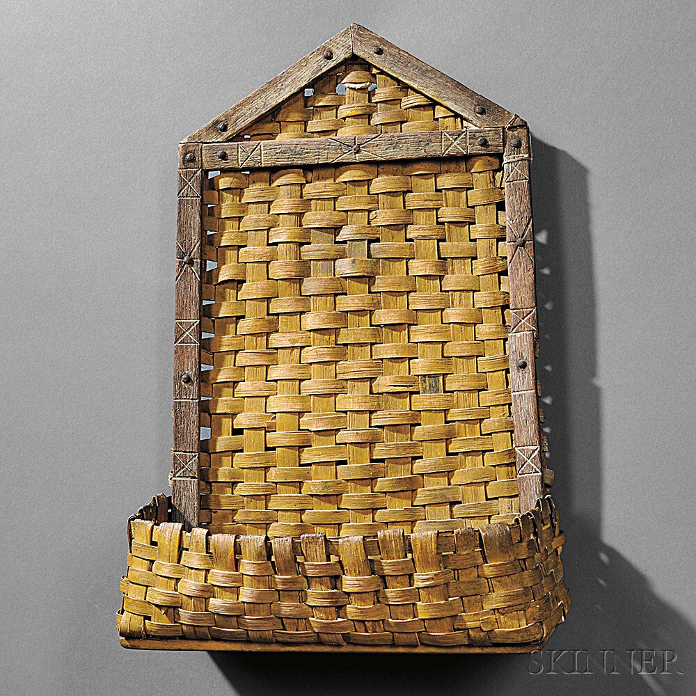 Appraisal: Yellow-painted Woven Splint Wall Pocket America th century with applied