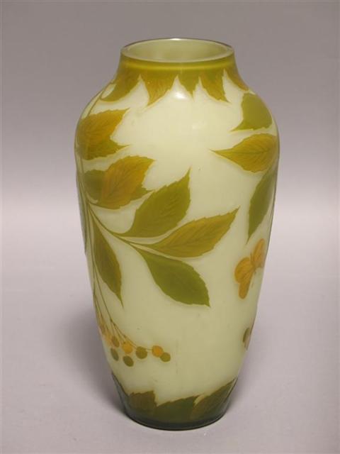 Appraisal: LOETZ CAMEO GLASS VASE With pale green and yellow cherry