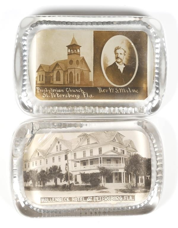 Appraisal: Two thick clear magnifying paperweights with photo glued underneath probably