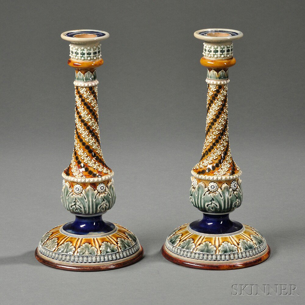 Appraisal: Pair of Doulton Lambeth Stoneware Candlesticks England late th century