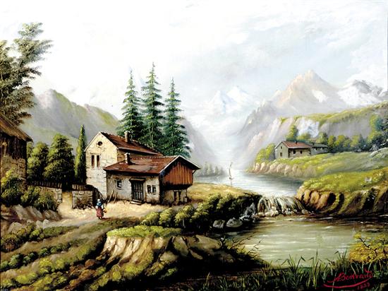 Appraisal: A Bertrand French late th century ALPINE COTTAGES ALONG RIVERBANK