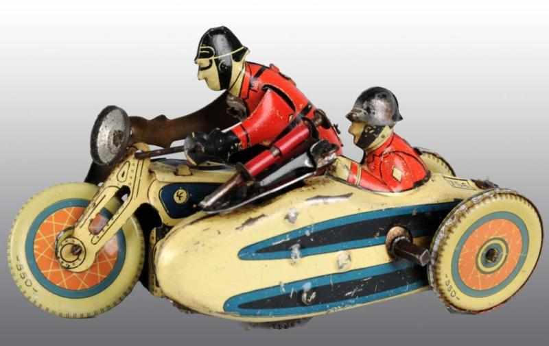 Appraisal: French Prewar Tin Wind-Up Motorcycle and Sidecar Description Lithographed tin