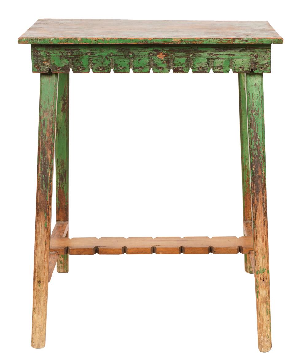 Appraisal: AMERICAN RUSTIC GREEN-PAINTED WOOD TABLEconstructed from antique and newer elements