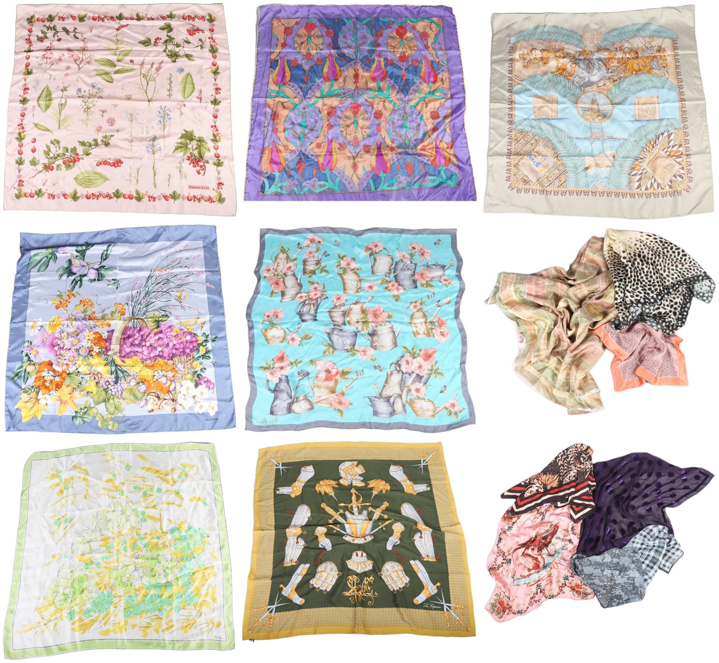 Appraisal: Ladies designer scarf grouping to include floral and pomegrante Tiffany