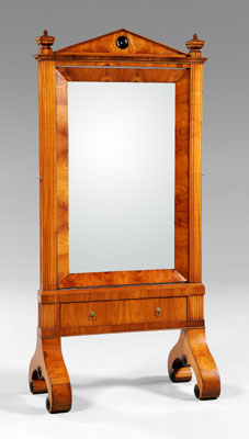 Appraisal: Biedermeier fruitwood cheval glass pitched pediment over swiveling rectangular mirror