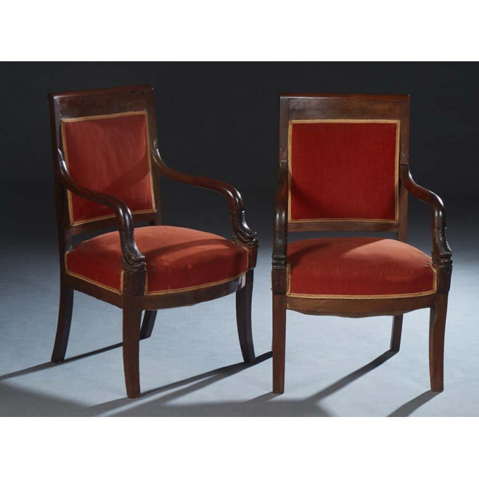 Appraisal: Pair of French Empire Style Carved Walnut Armchairs th c