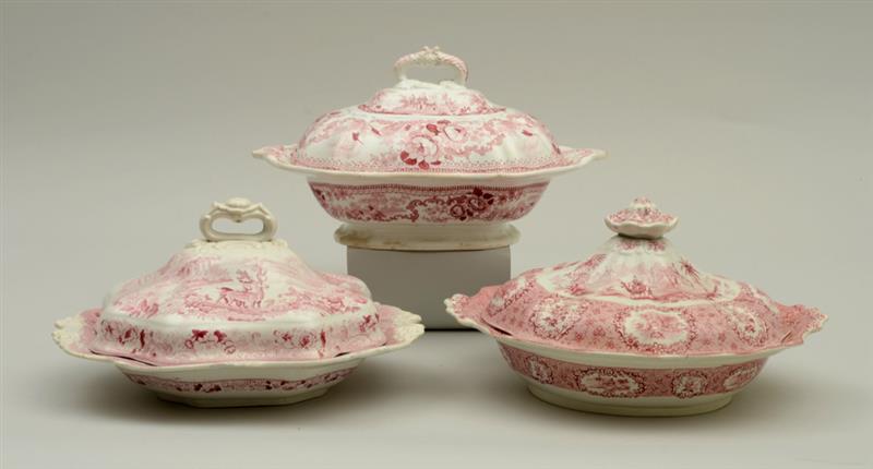 Appraisal: GROUP OF THREE STAFFORDSHIRE RED TRANSFER-PRINTED ENTREE DISHES AND COVERS