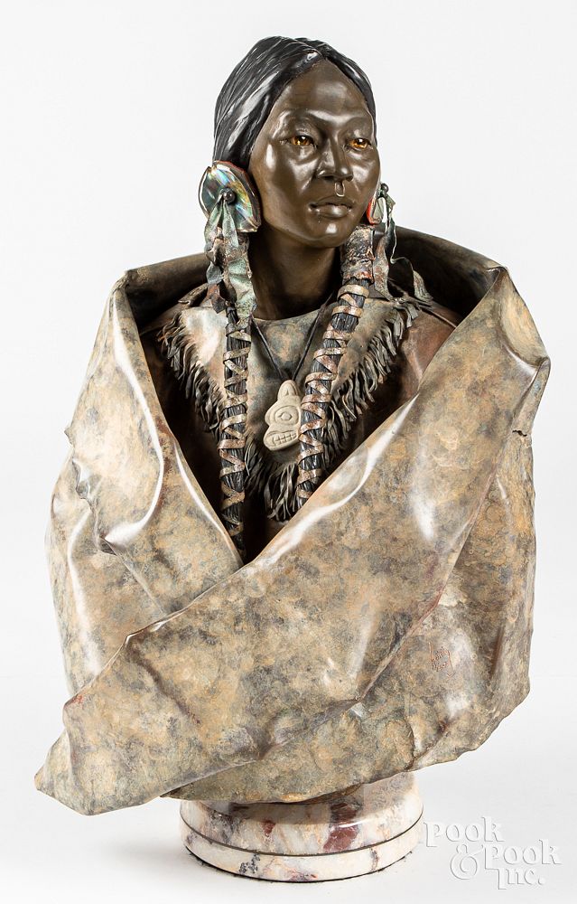 Appraisal: Patinated copper bust of a Native American Indian Patinated copper