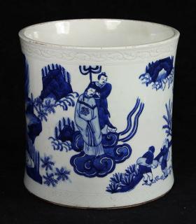 Appraisal: Chinese Blue and White Brush Pot Figures Chinese underglaze blue