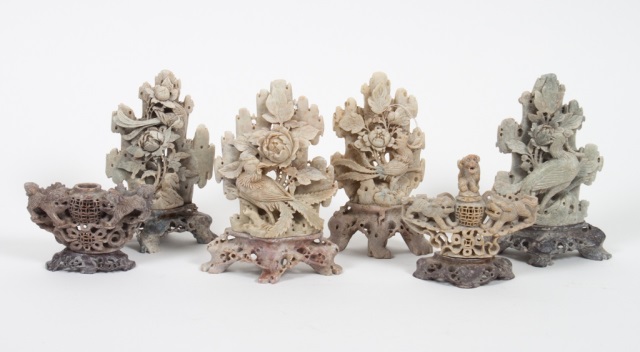 Appraisal: Five Chinese carved soapstone objects scholar's desk objects various fanciful