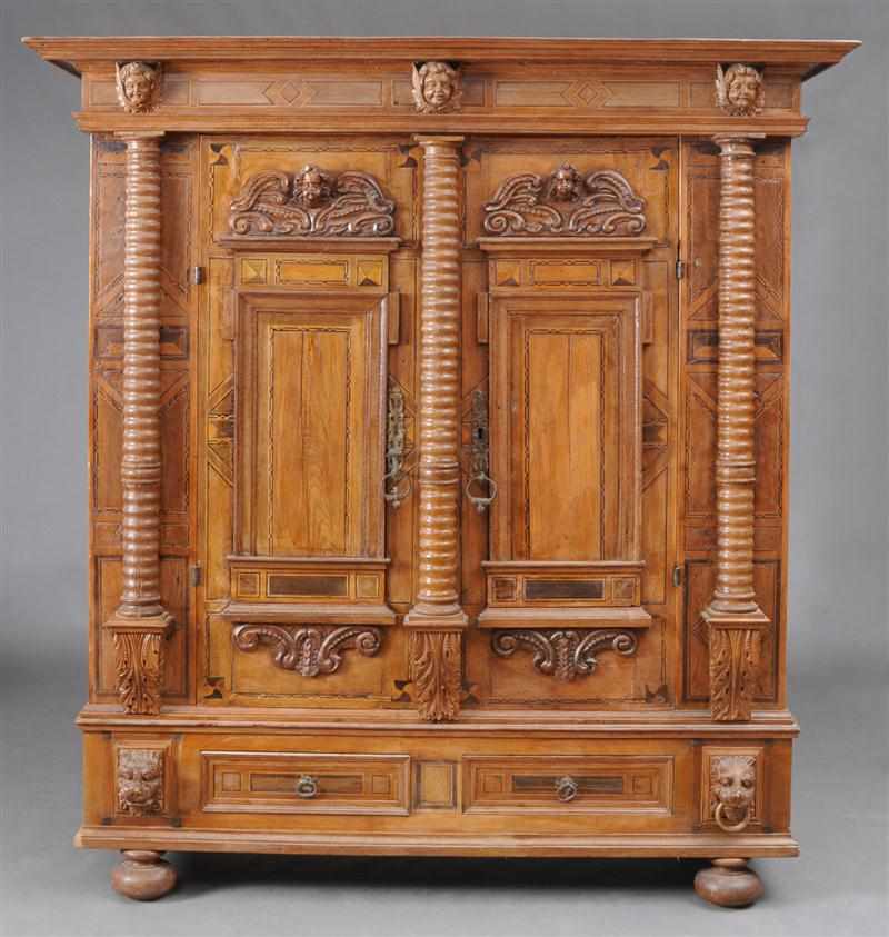 Appraisal: SOUTH GERMAN BAROQUE WALNUT FRUITWOOD AND ASH PARQUETRY ARMOIRE With