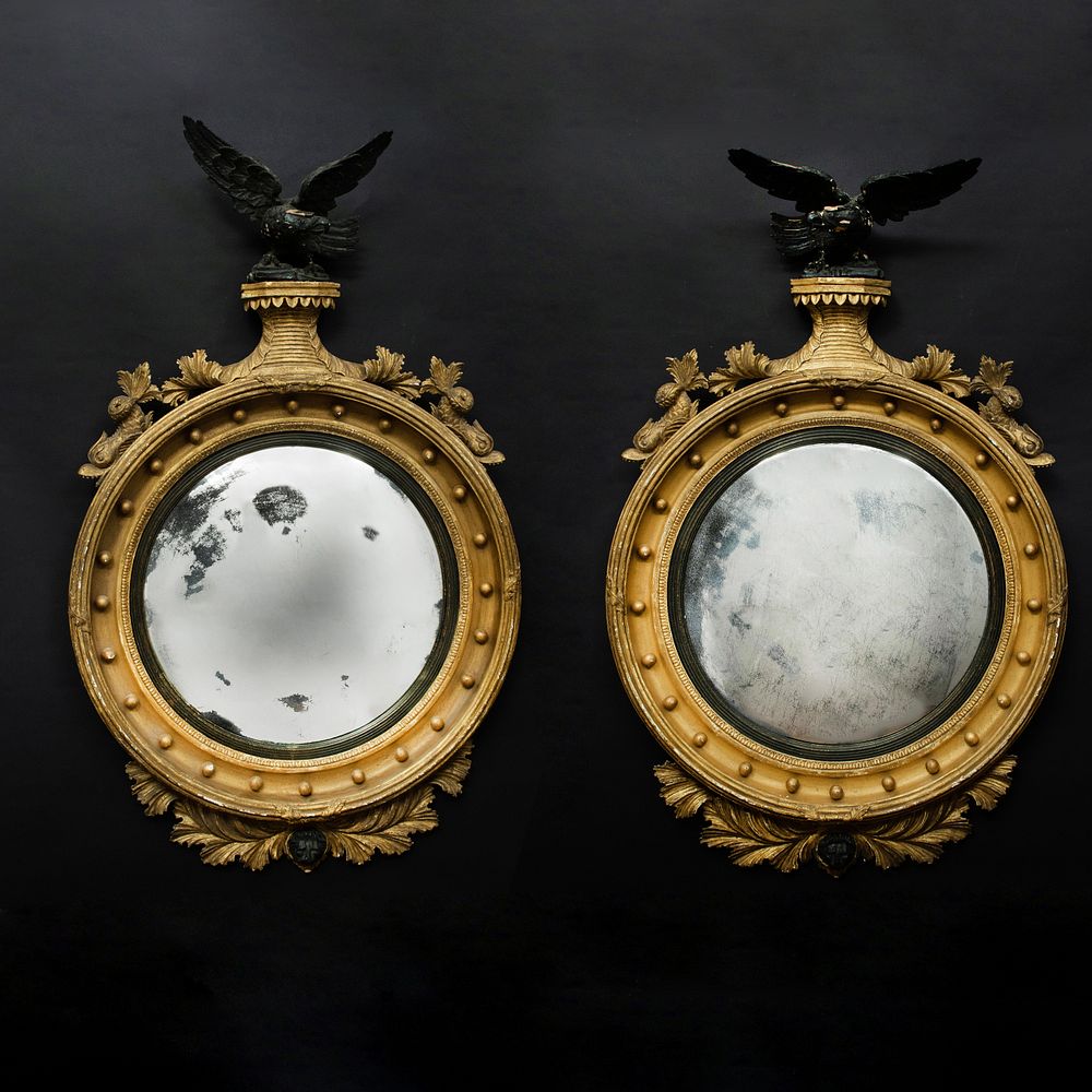 Appraisal: Fine Pair of Regency Giltwood and Ebonized Convex Mirrors ft