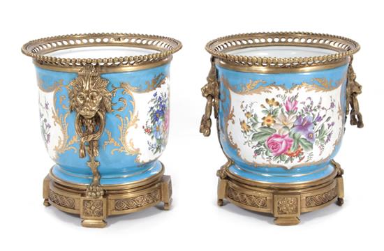 Appraisal: Pair Sevres style bronze-mounted porcelain cachepots H Dia pcs good