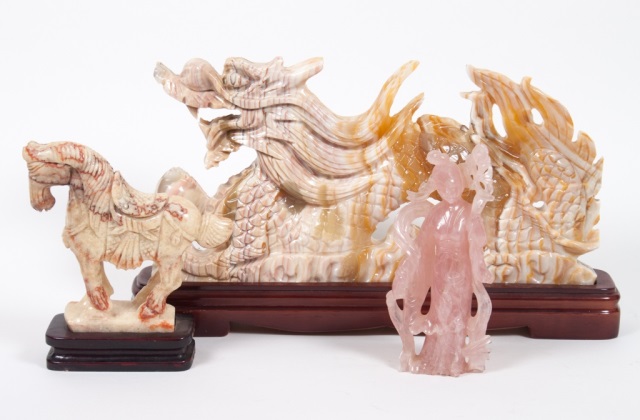 Appraisal: Three Chinese carved hardstone objects carved hardstone dragon on stand