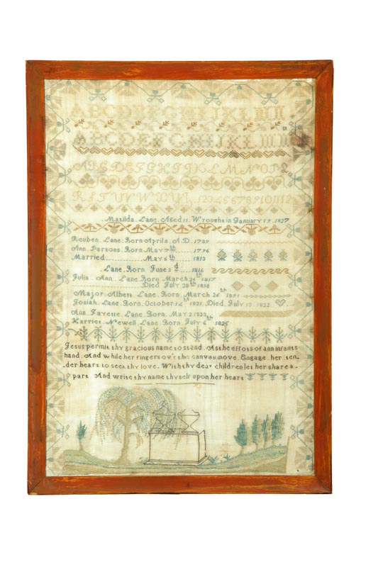 Appraisal: MASSACHUSETTS SAMPLER AND FAMILY RECORD Matilda Lane Newburyport Essex County