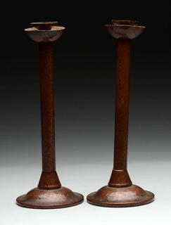 Appraisal: Pair of Hand Hammered Copper Arts Crafts Candlesticks Nice form