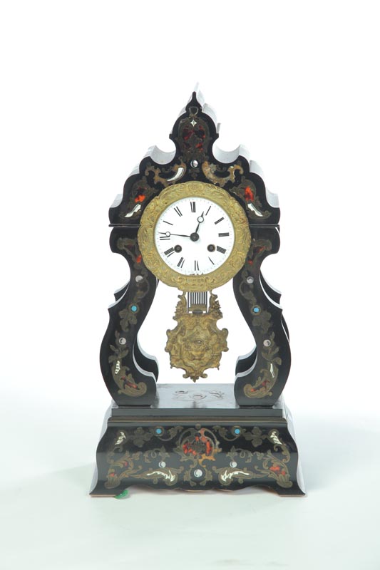 Appraisal: INLAID MANTLE CLOCK Probably France th century pine Shaped frame