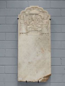 Appraisal: A white marble Sati marker carved panel at top depicting