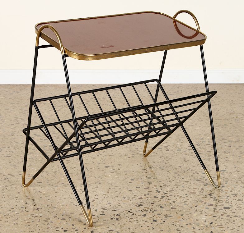 Appraisal: ITALIAN IRON AND BRASS SIDE TABLE MAGAZINE RACK An Italian