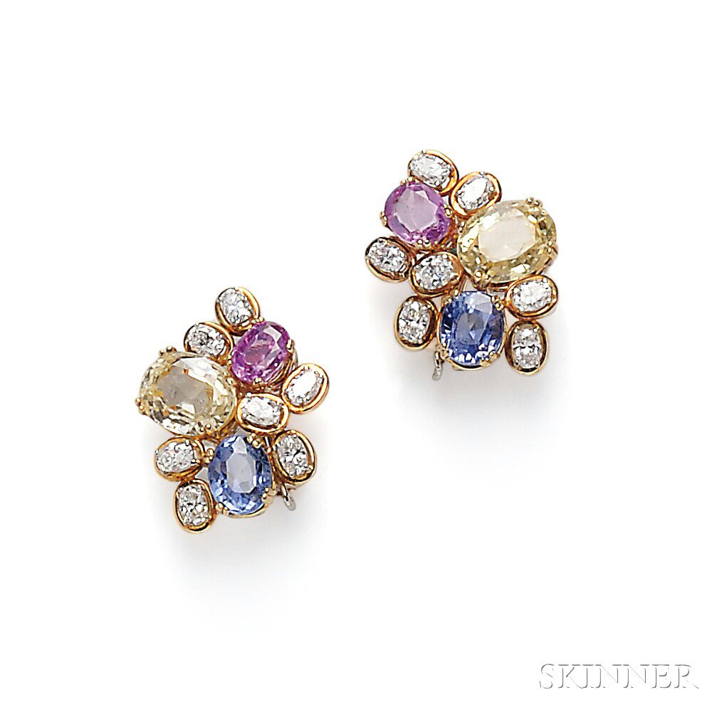 Appraisal: Sapphire and Diamond Earclips each set with cushion-cut pink blue