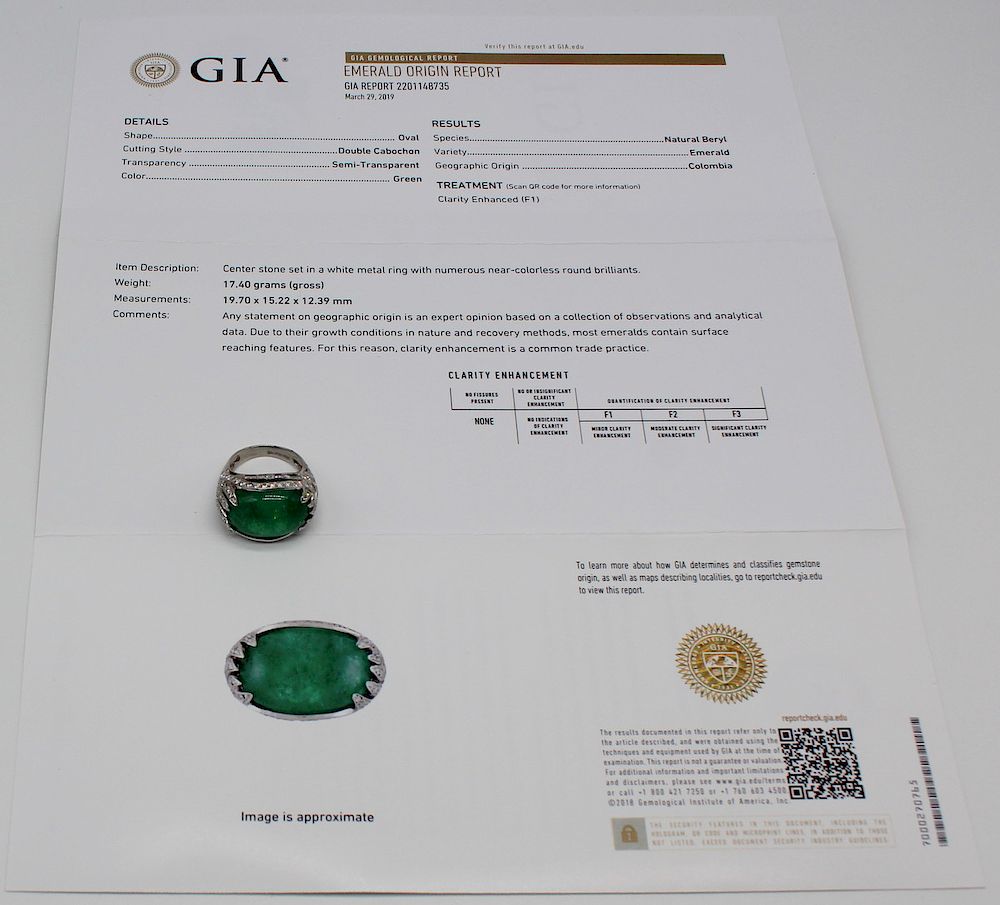 Appraisal: JEWELRY GIA Colombian ct Emerald Cabochon Ring Signed Toby platinum