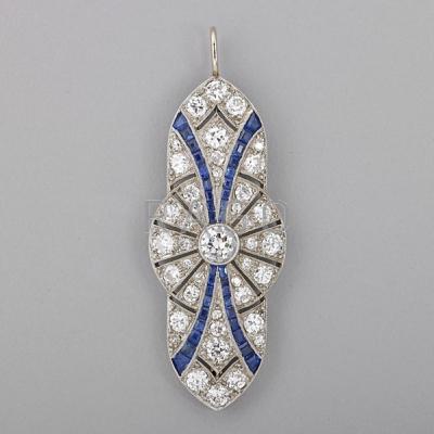 Appraisal: ART DECO DIAMOND AND SAPPHIRE PLATINUM PENDANT Geometric open design