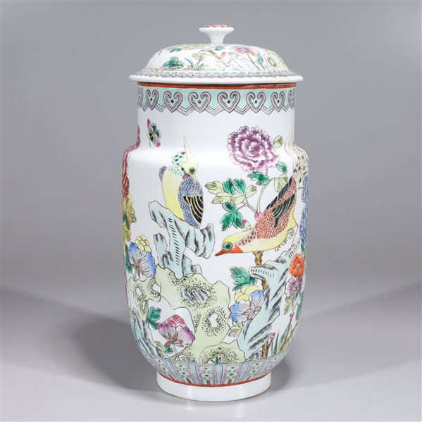 Appraisal: Chinese famille rose enameled porcelain covered vase with birds and