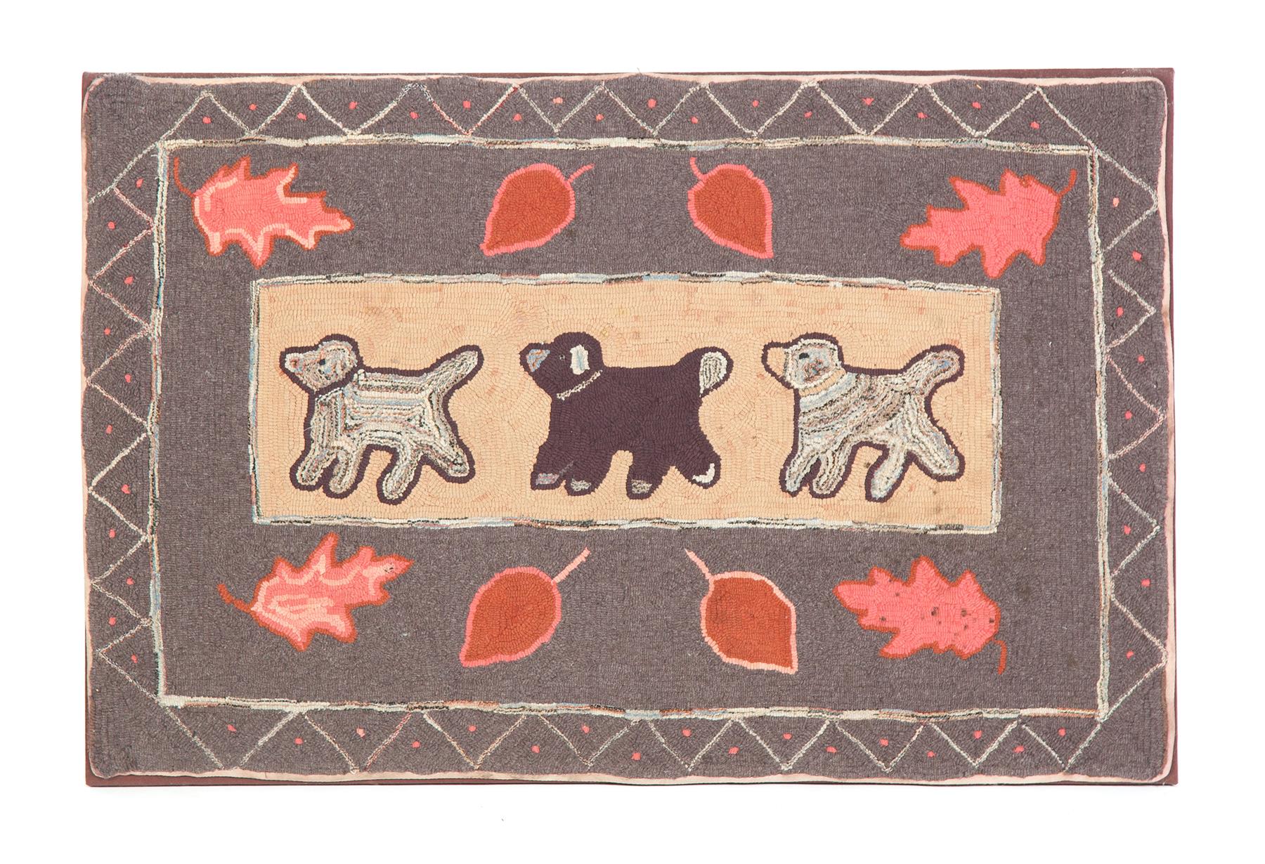 Appraisal: AMERICAN HOOKED RUG Early th century Three dogs in a