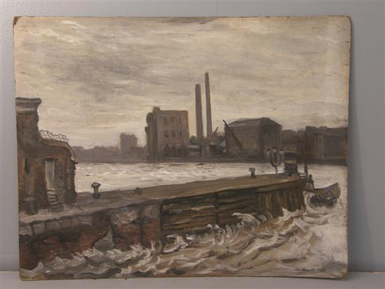 Appraisal: William Gaunt British - oil on board dockland scene h