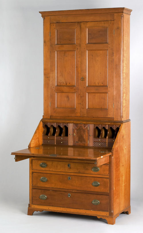 Appraisal: Pennsylvania Chippendale applewood secretary ca the molded cornice over recessed