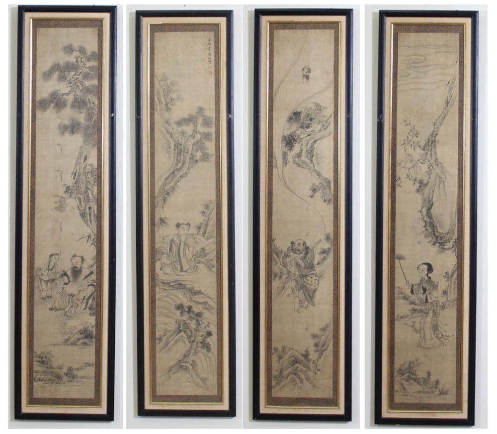 Appraisal: FOUR CHINESE INK ON SILK DRAWINGS figures among nature one