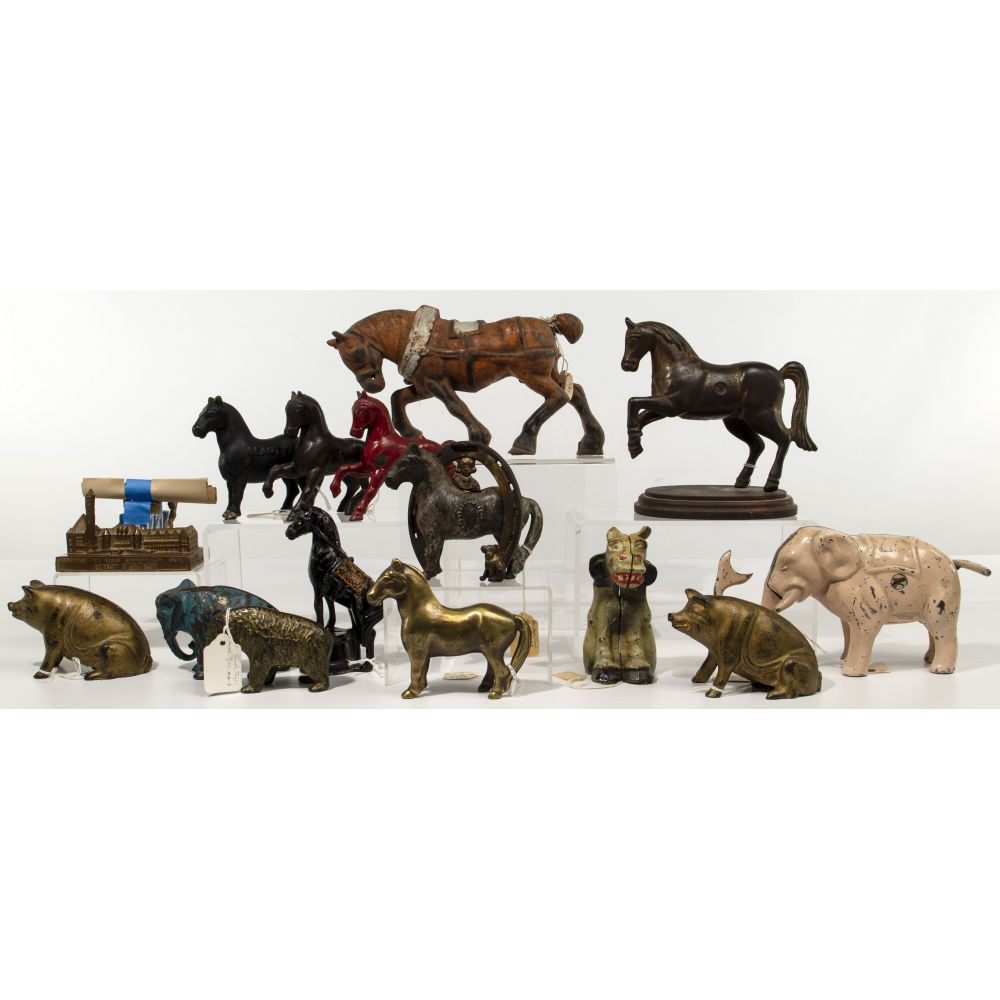 Appraisal: CAST IRON ANIMAL BANK AND SOUVENIR ASSORTMENT items including horses