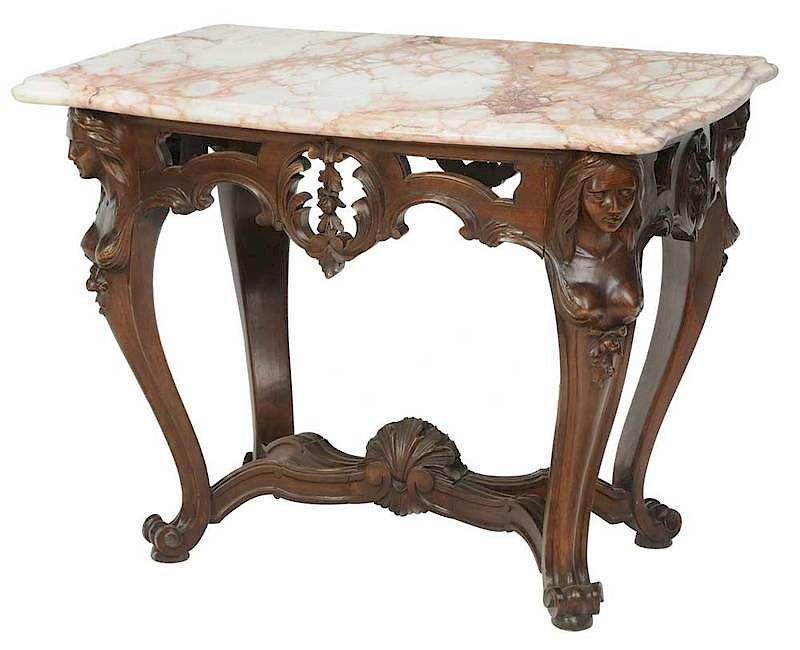 Appraisal: Italian Carved Walnut Marble-Top Center Table Continental early th century