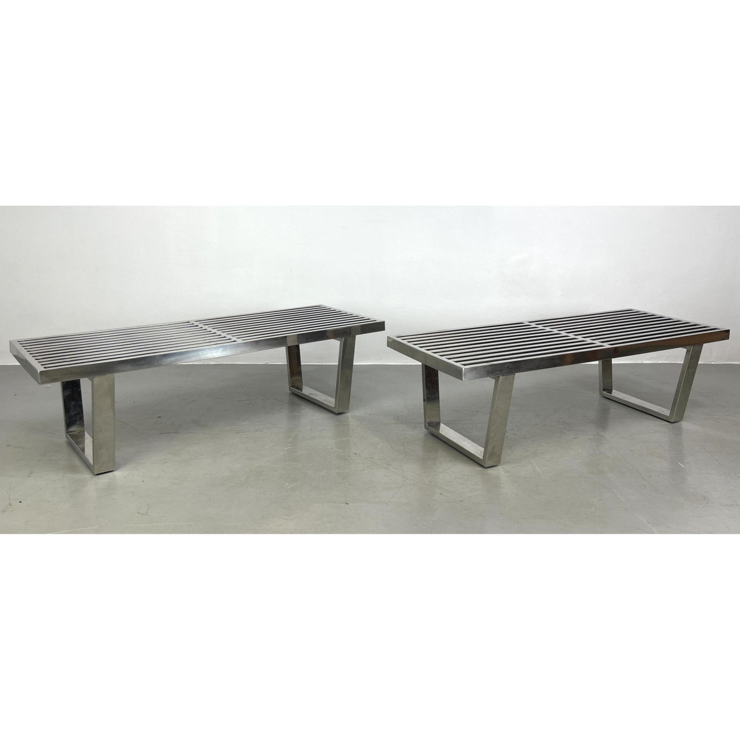 Appraisal: Pr Modernist Chrome Slat Benches Nelson style chrome legs Dimensions