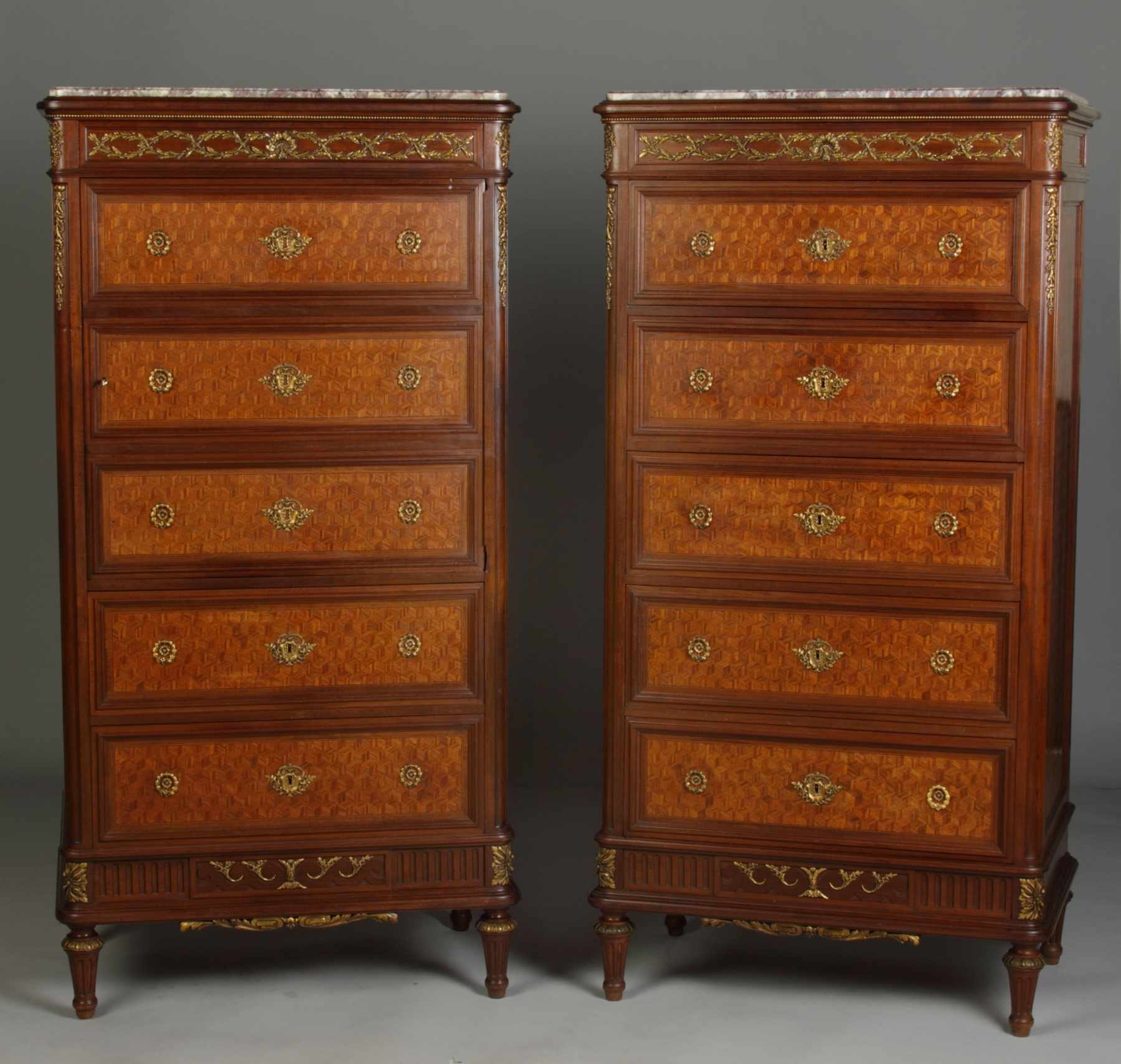 Appraisal: Pair of F Linke French Marquetry Inlaid Mahogany Sideboard w