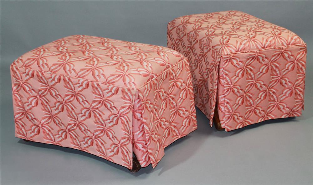 Appraisal: PAIR OF WHITE AND ROSE COTTON UPHOLSTERED STOOLS elegantly upholstered