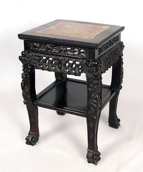 Appraisal: CHINESE CARVED ROSEWOOD AND MARBLE STAND Inserted marble top Tassel