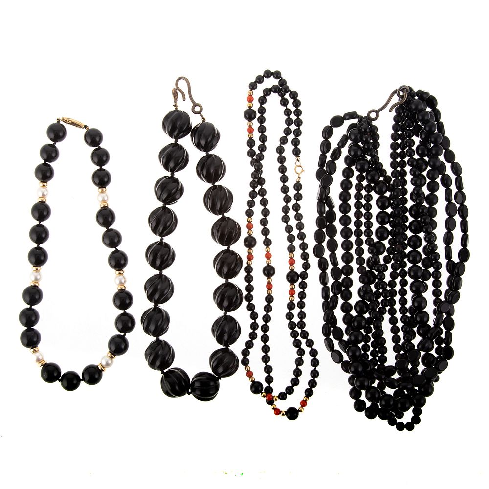 Appraisal: A Collection of Black Onyx Beaded Necklaces Black onyx beaded