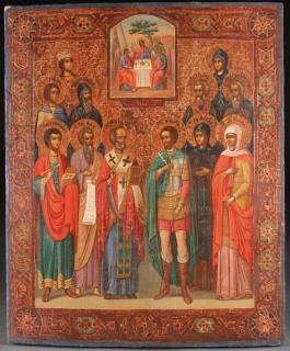 Appraisal: LARGE RUSSIAN ICON TRINITY WITH SAINTS A LARGE RUSSIAN ICON