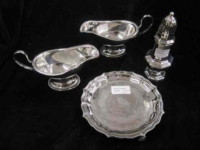 Appraisal: pcs English Silverplate muffineer pair of sauce boats small salver