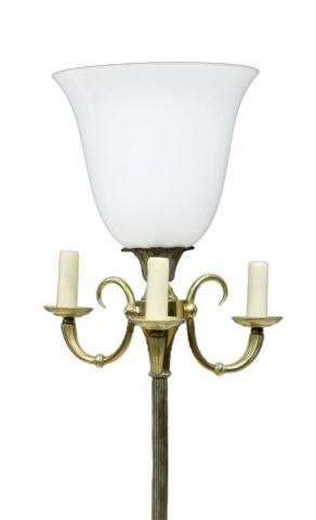 Appraisal: French brass torchiere floor lamp th c white glass shade