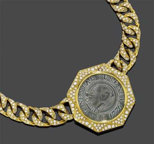 Appraisal: COIN AND BRILLIANT-CUT DIAMOND NECKLACE BULGARI s Yellow gold g